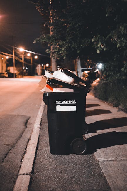 A black wheeled rubbish bin positioned on a sidewalk curb alongside a street at night, with the label 'St. John's' visible on the front. The lid of the bin is open, revealing various waste items including cardboard boxes, paper, and plastic packaging, all haphazardly placed inside. The bin appears to be plastic with a textured surface and has a white stripe beneath the label. It sits partially in shadow, with soft ambient street lighting illuminating the scene, casting shadows on the pavement and nearby curb. In the background, there are illuminated streetlights, tall trees with dark foliage, and a glimpse of parked cars along the street. The setting suggests an urban or suburban area where waste collection services such as those offered by Waste Collection Barnes might provide alternative or scheduled rubbish removal options, especially for local residents disposing of general household waste outside regular collection times.
